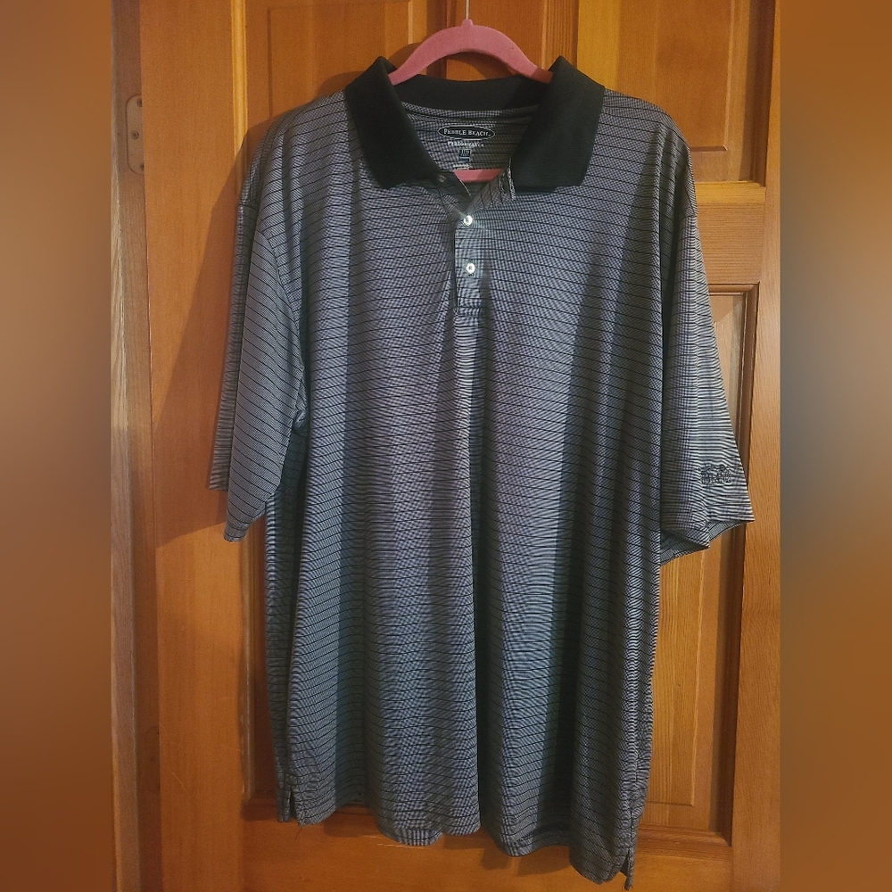 Pebble Beach Performance Black and Gray Polo Shirt Classic Striped Design Men's